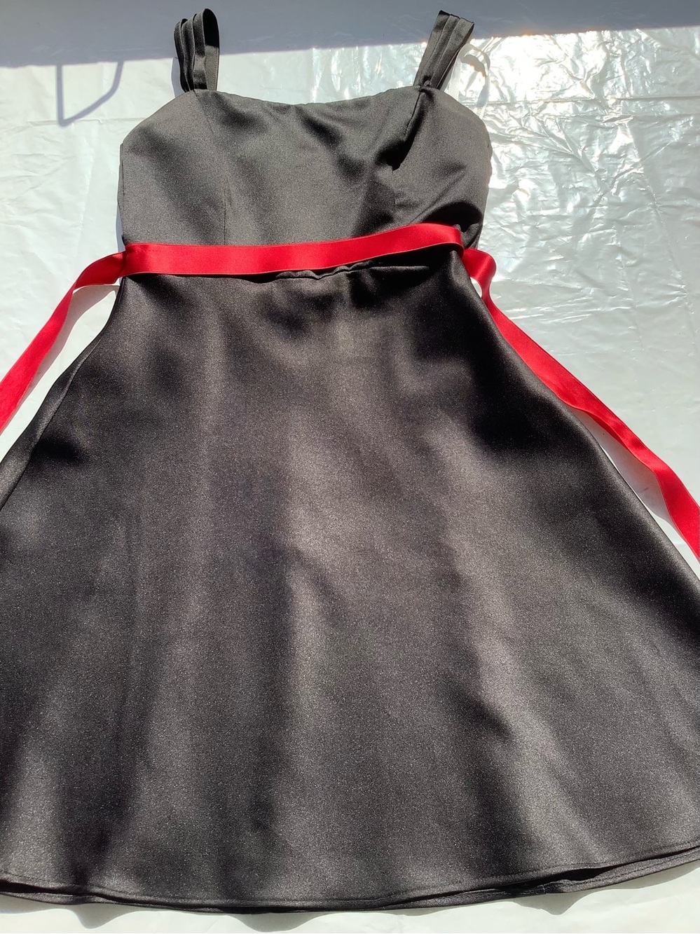 David’s bridal  Black Satin Dress with Red Ribbon Accent